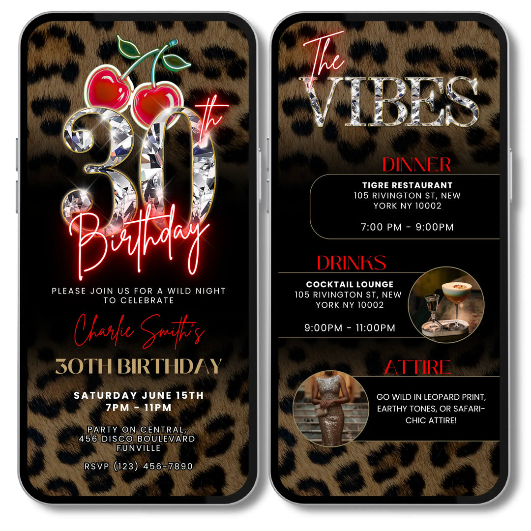 Digital leopard print party invitation for 30th birthday – self editable Canva video format. Features a Cheetah print background, retro neon cherry and a diamond number 30 comes and comes with a matching details page. 