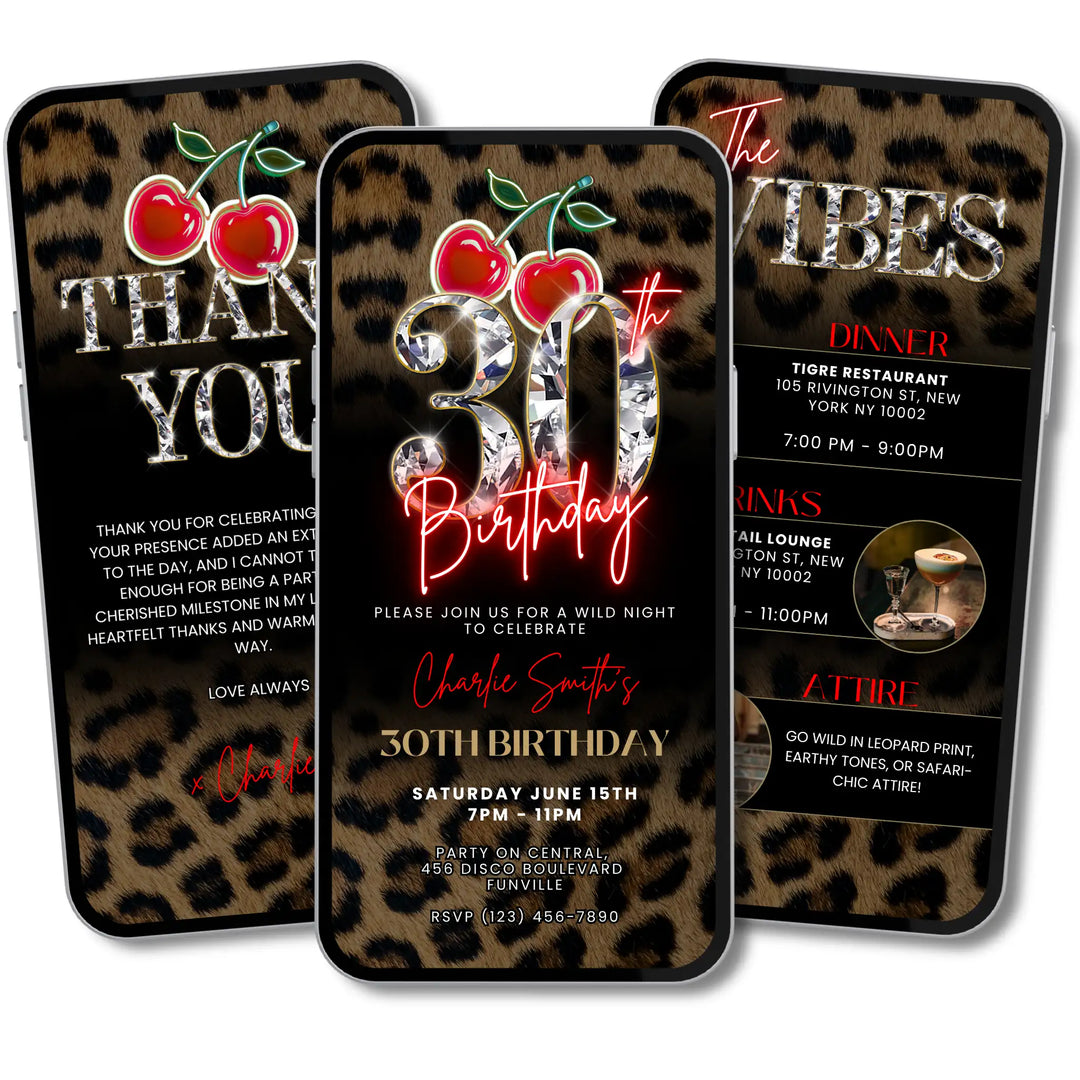 Wild cherry and leopard print 30th birthday digital video invitation comes with  Vibes page to add additional party details and matching Thank you Card.  Features a Cheetah print background a retro neon cherry & a diamond number 30. Self editable canva template available for instant download