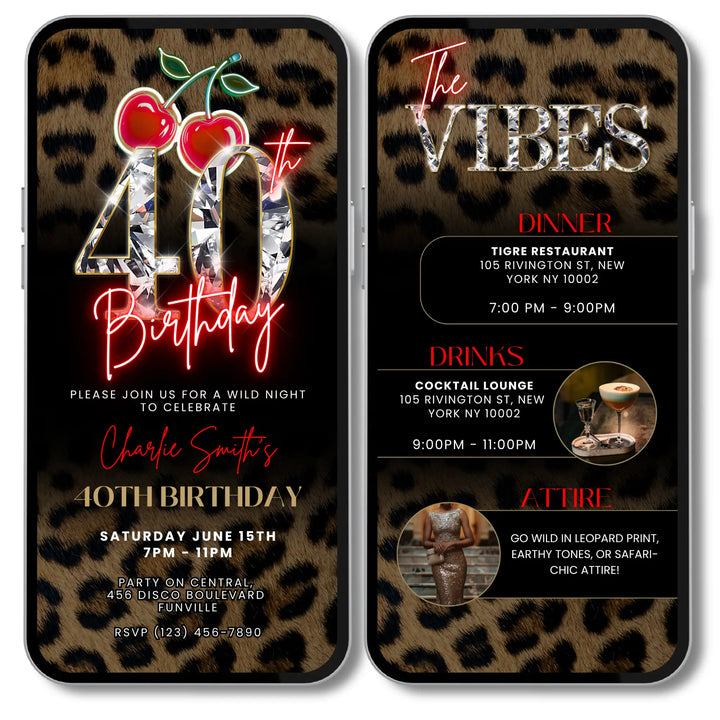 Wild Cherry and Leopard Print 40th Birthday Invitation with Vibes – Self Editable Digital Template