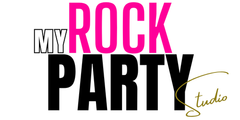 Logo with 'My Rock Party Studio' text in pink, black, and gold on a white background