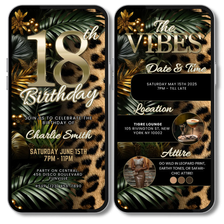 Safari Leopard Print 18th Birthday Invitation with Details – Digital Party Template