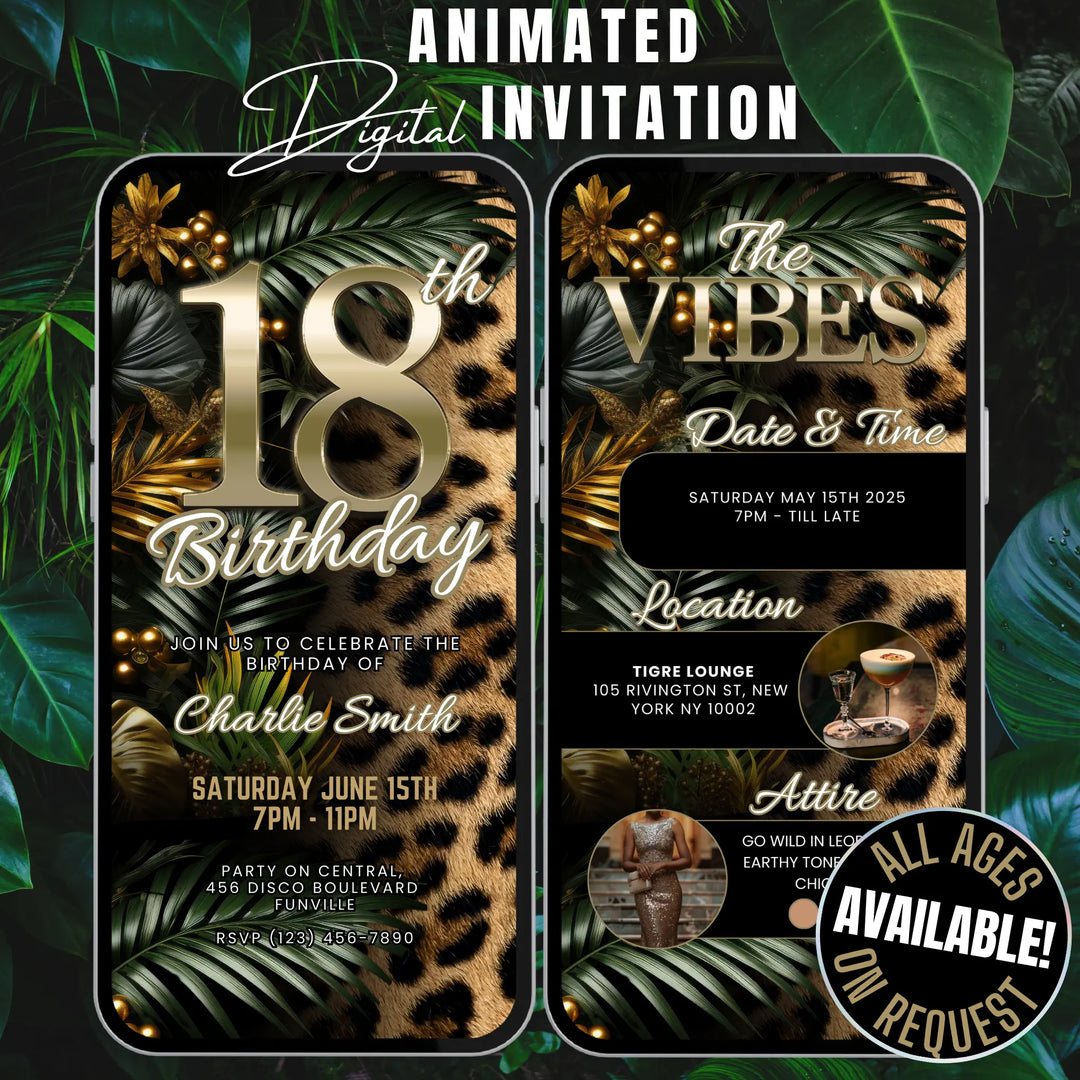 Safari Leopard Print 18th Birthday Invitation with Details – Digital Party Template