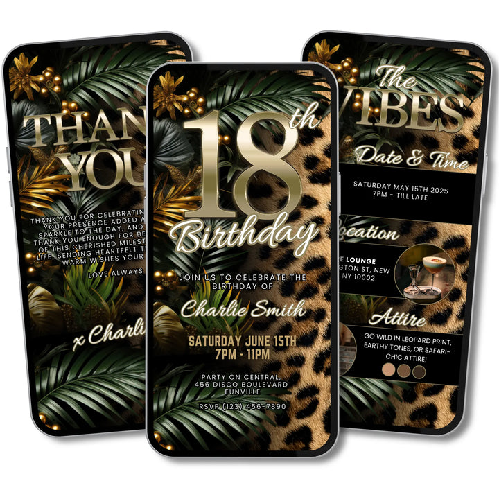 Safari Leopard Print 18th Birthday Invitation with Details and Thank You Card – Digital Party Template