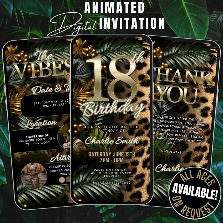 Safari Leopard Print 18th Birthday Invitation with Details and Thank You Card – Digital Party Template