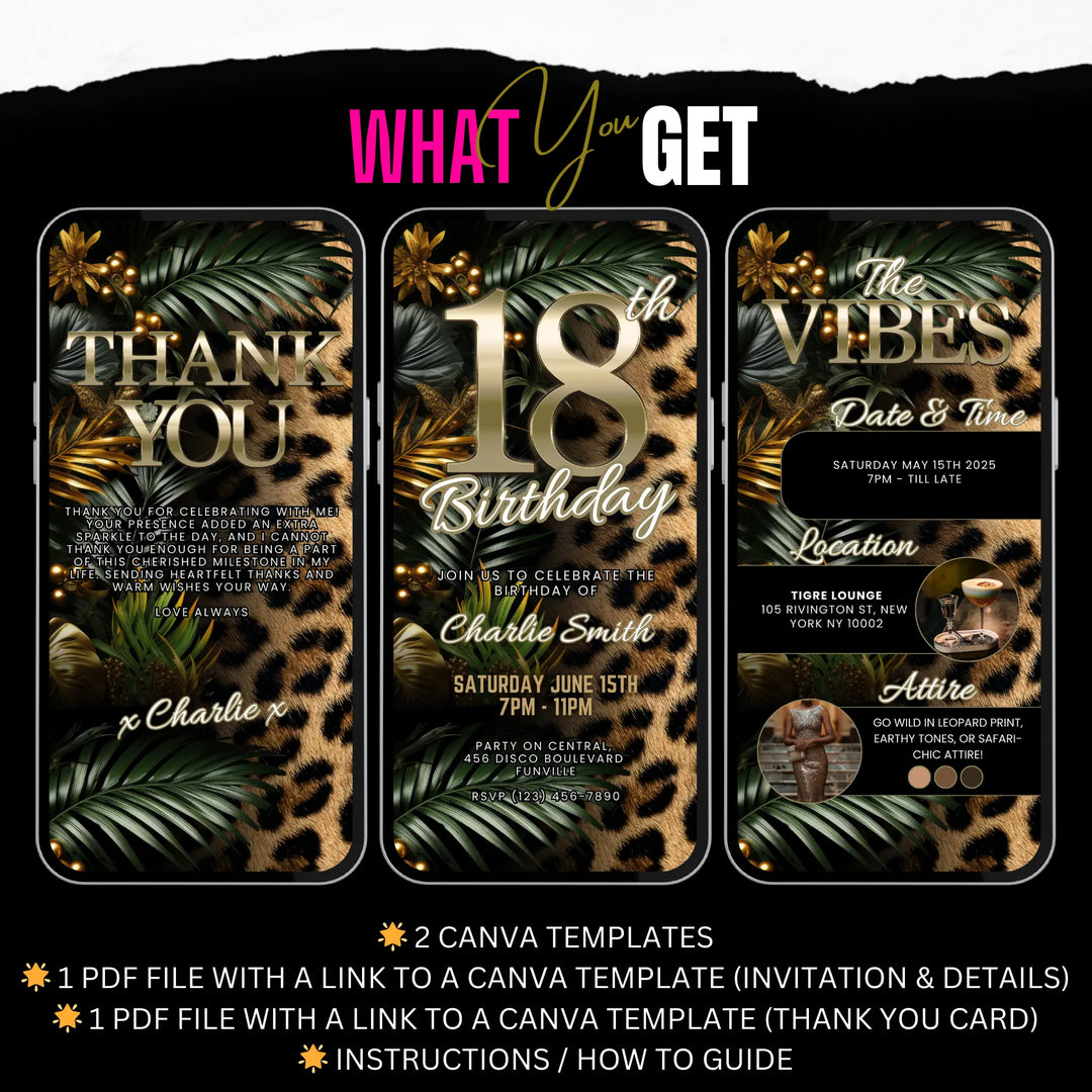 Safari Leopard Print 18th Birthday Invitation with Details and Thank You Card – Digital Party Template