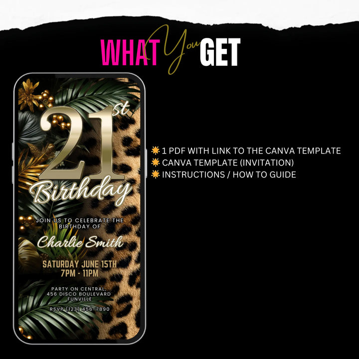 Safari Leopard Print 21st Birthday Invitation – Digital Party Template