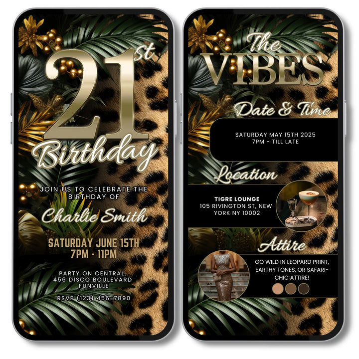 Safari Leopard Print 21st Birthday Invitation with Details – Digital Party Template