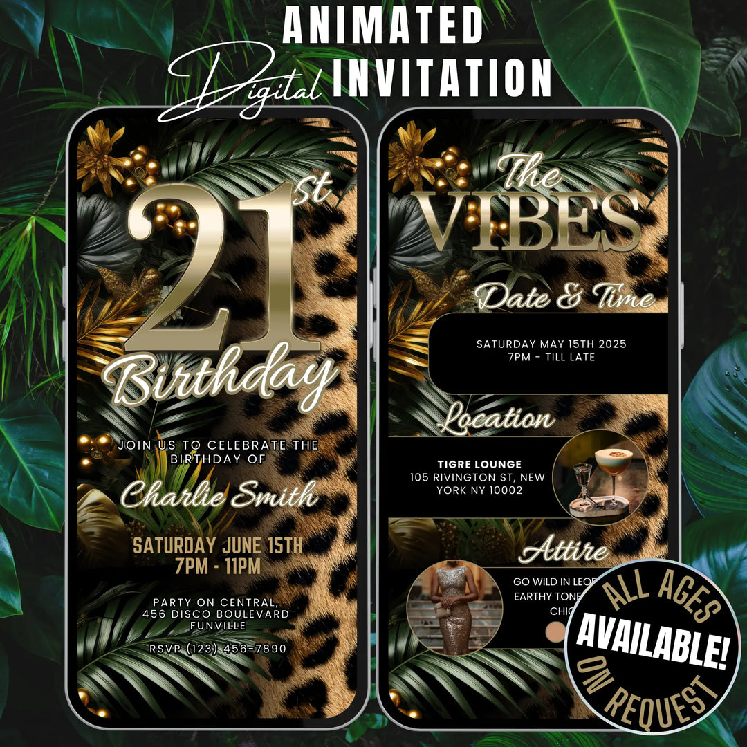 Safari Leopard Print 21st Birthday Invitation with Details – Digital Party Template