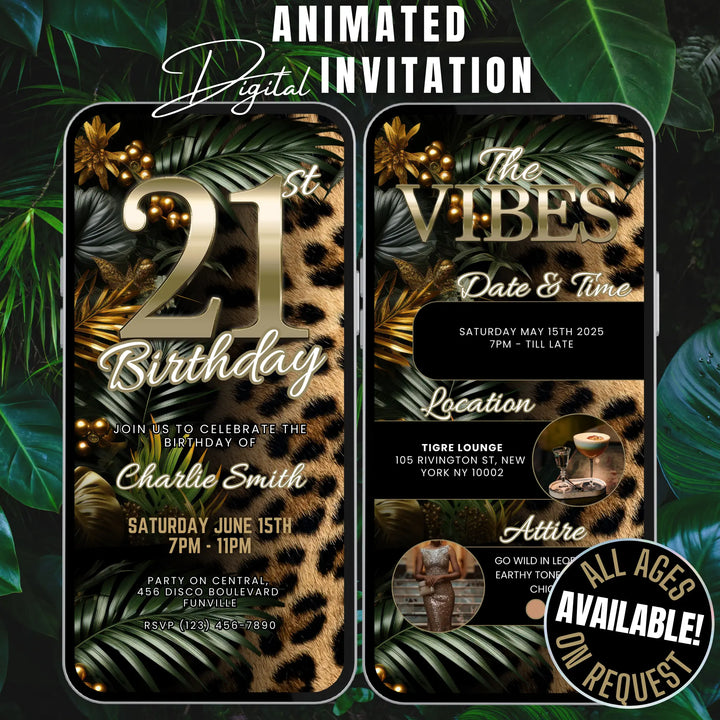 Safari Leopard Print 21st Birthday Invitation with Details – Digital Party Template