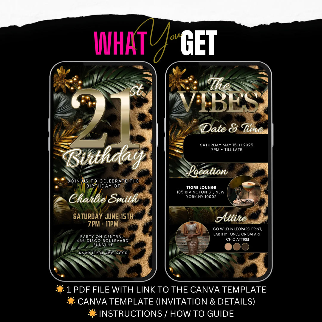 Safari Leopard Print 21st Birthday Invitation with Details – Digital Party Template