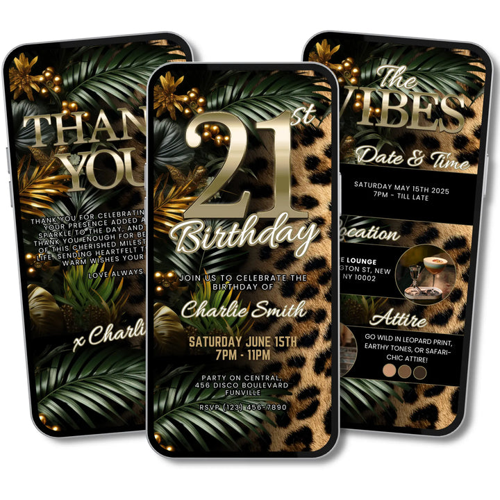 Safari Leopard Print 21st Birthday Invitation with Details and Thank You Card – Digital Party Template