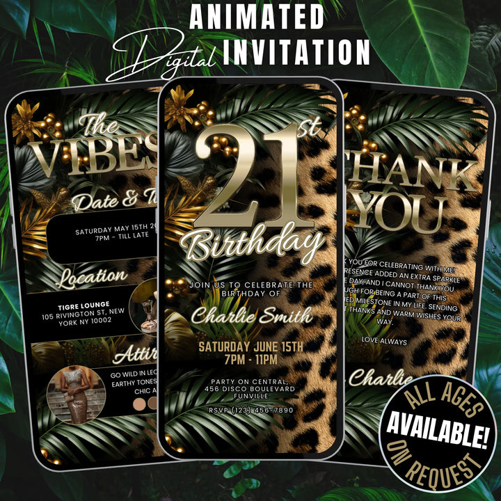 Safari Leopard Print 21st Birthday Invitation with Details and Thank You Card – Digital Party Template