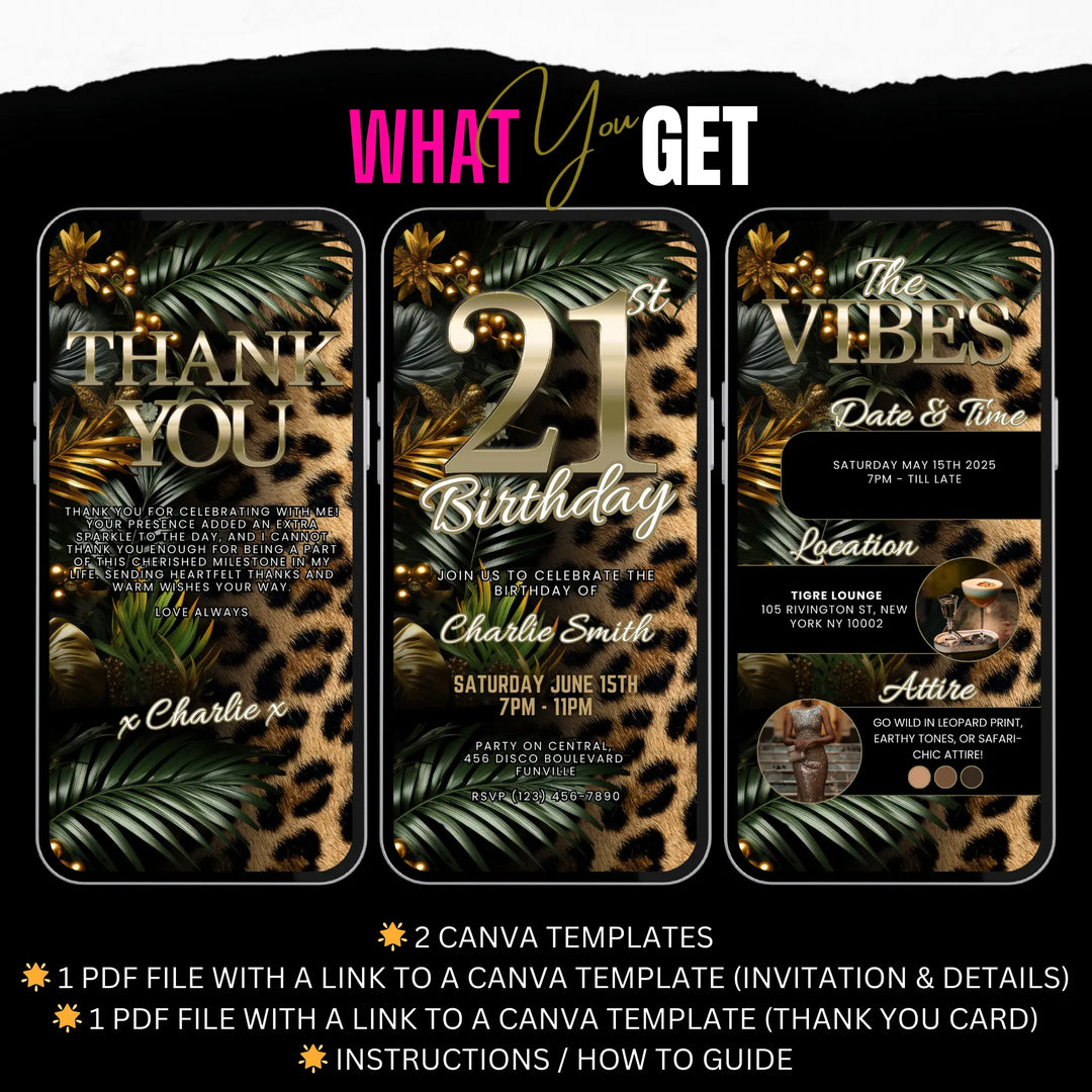 Safari Leopard Print 21st Birthday Invitation with Details and Thank You Card – Digital Party Template