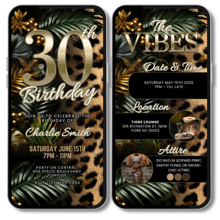 Safari Leopard Print 30th Birthday Invitation with Details – Digital Party Template