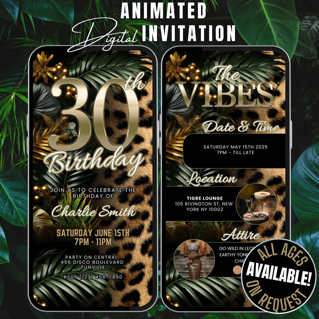 Safari Leopard Print 30th Birthday Invitation with Details – Digital Party Template