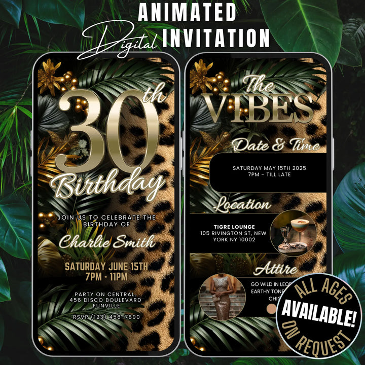 Safari Leopard Print 30th Birthday Invitation with Details – Digital Party Template