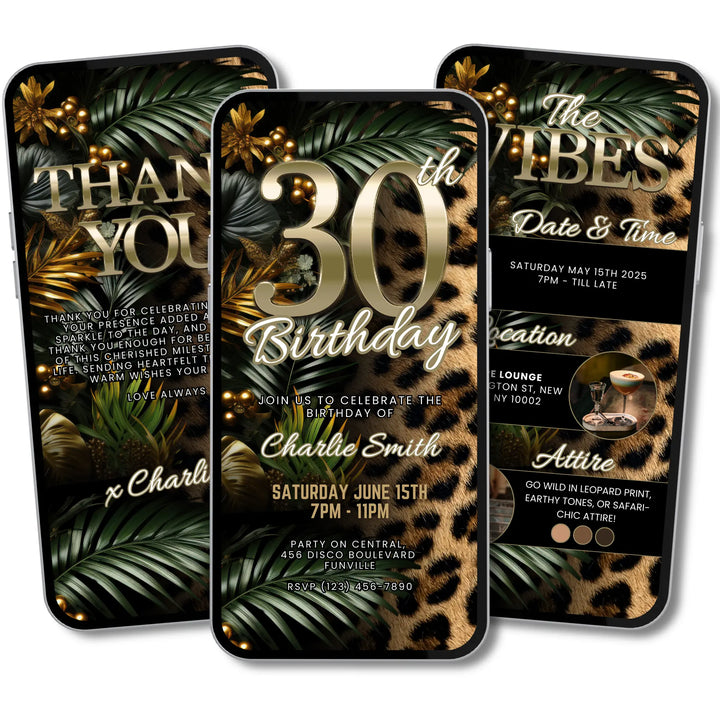 Safari Leopard Print 30th Birthday Invitation with Details and Thank You Card – Digital Party Template