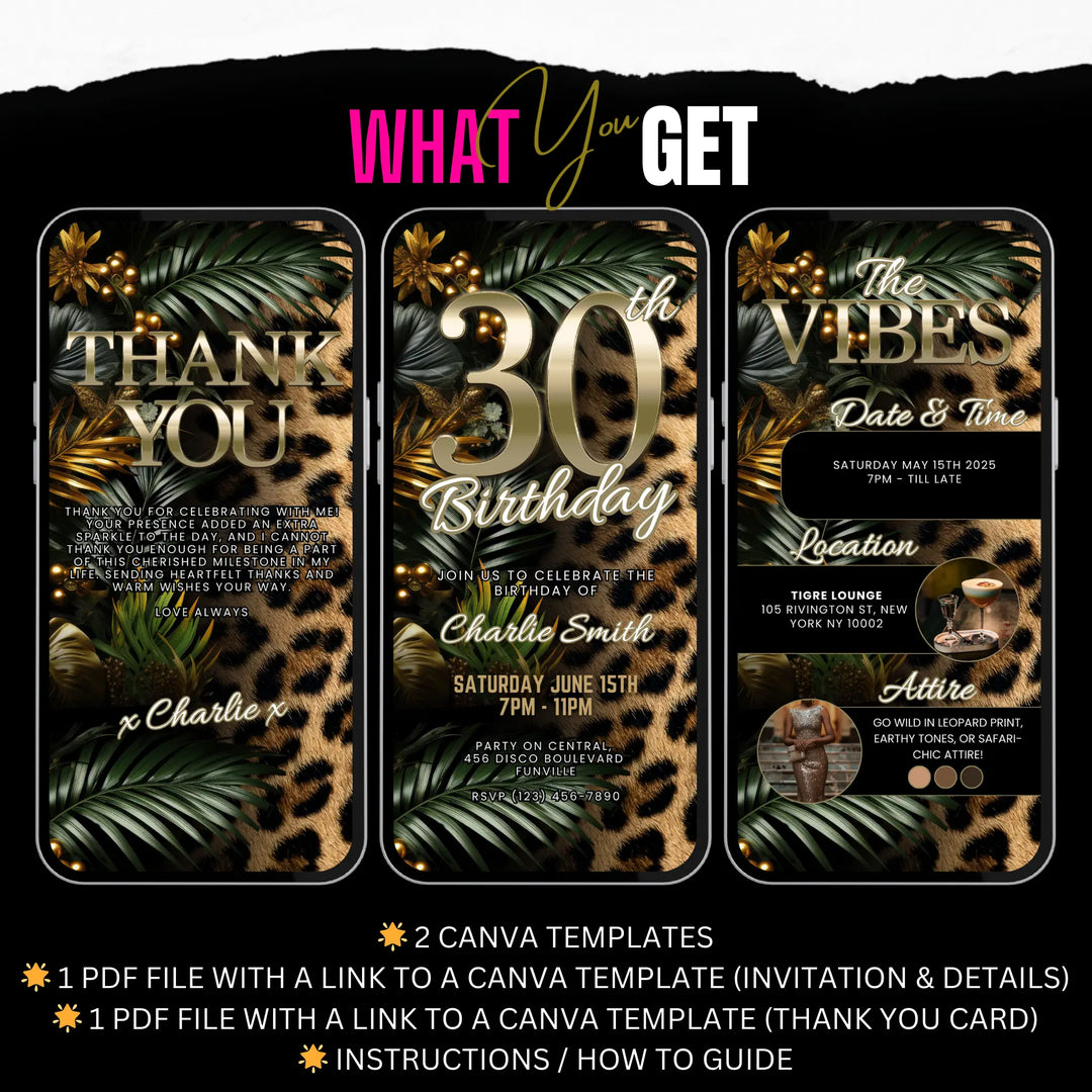 Safari Leopard Print 30th Birthday Invitation with Details and Thank You Card – Digital Party Template