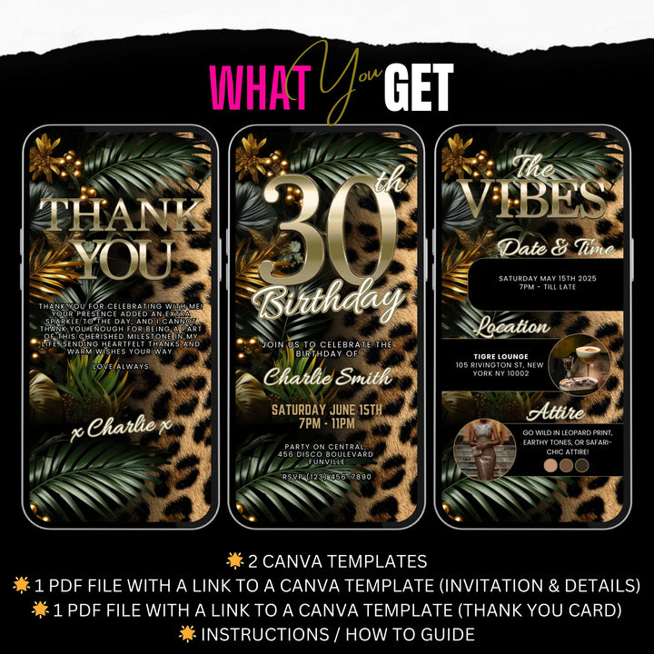 Safari Leopard Print 30th Birthday Invitation with Details and Thank You Card – Digital Party Template