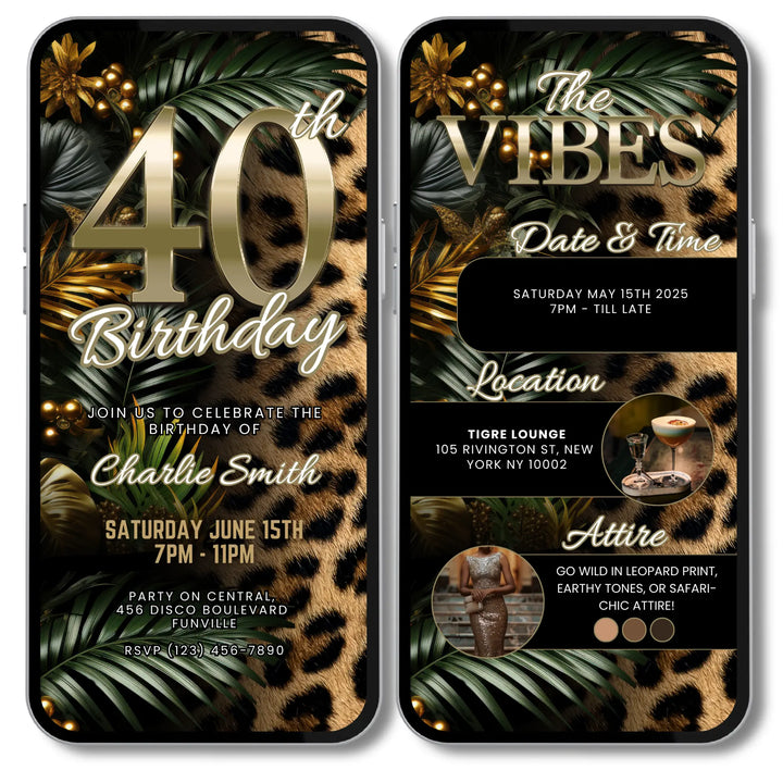 Safari Leopard Print 40th Birthday Invitation with Details – Digital Party Template