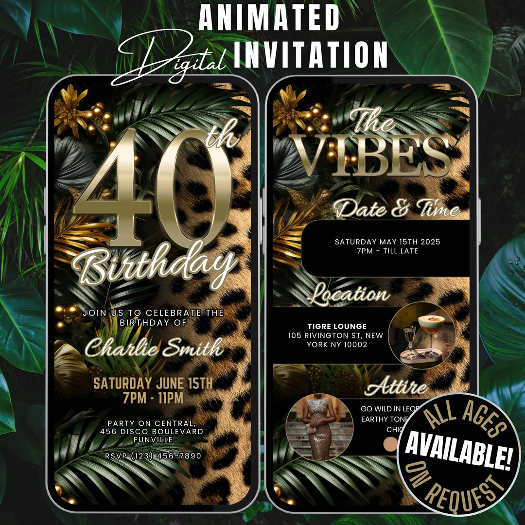 Safari Leopard Print 40th Birthday Invitation with Details – Digital Party Template