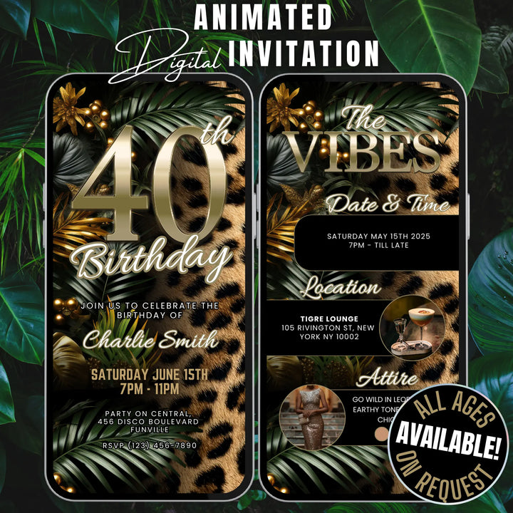 Safari Leopard Print 40th Birthday Invitation with Details – Digital Party Template