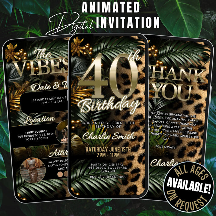 Safari Leopard Print 40th Birthday Invitation with Details and Thank You Card – Digital Party Template