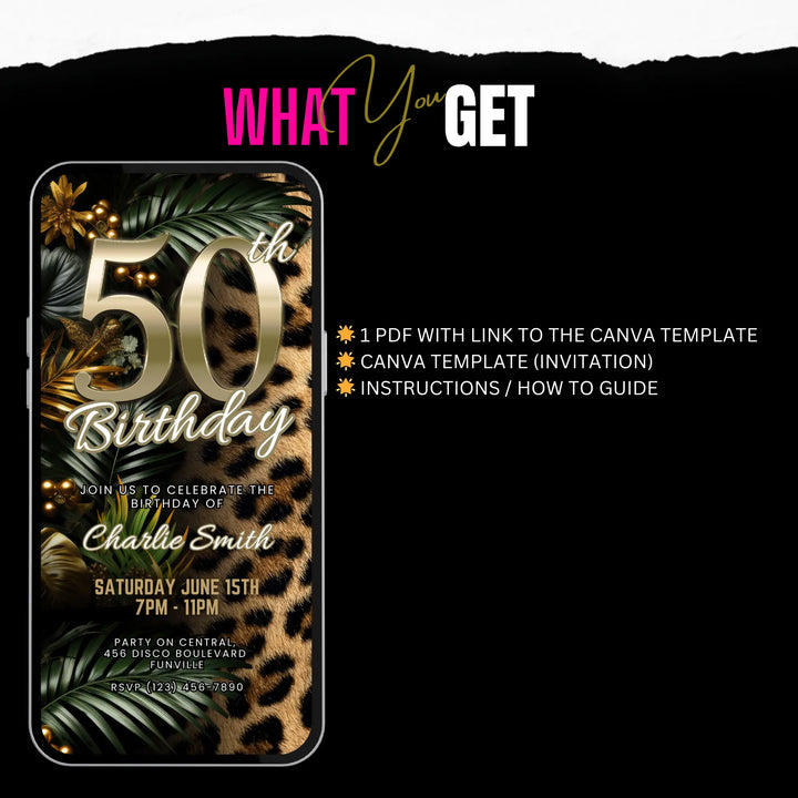 Safari Leopard Print 50th Birthday Invitation – Digital Party Template