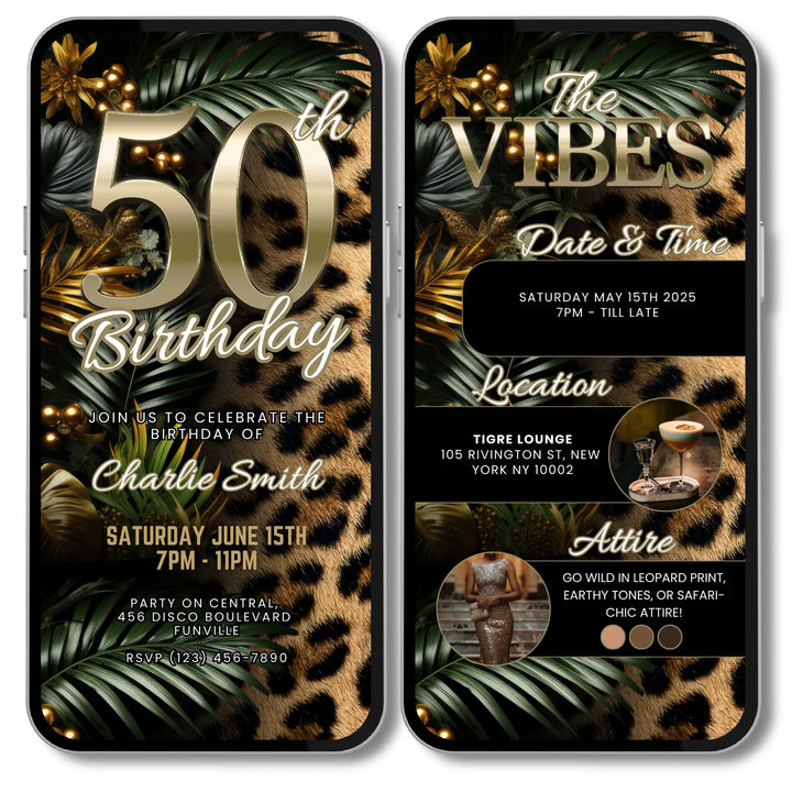 Safari Leopard Print 50th Birthday Invitation with Details – Digital Party Template