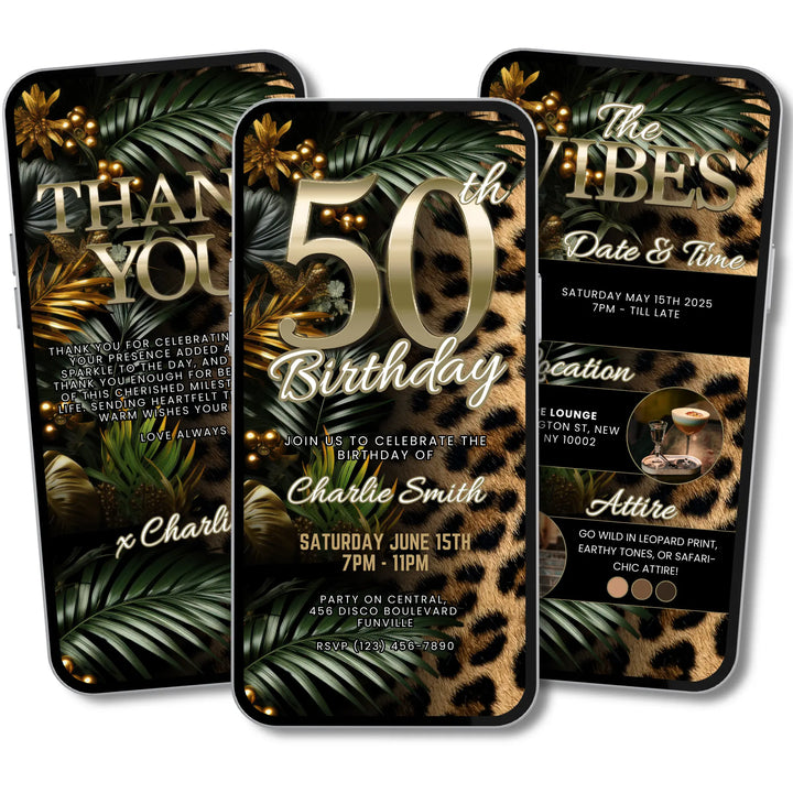 Safari Leopard Print 50th Birthday Invitation with Details and Thank You Card – Digital Party Template