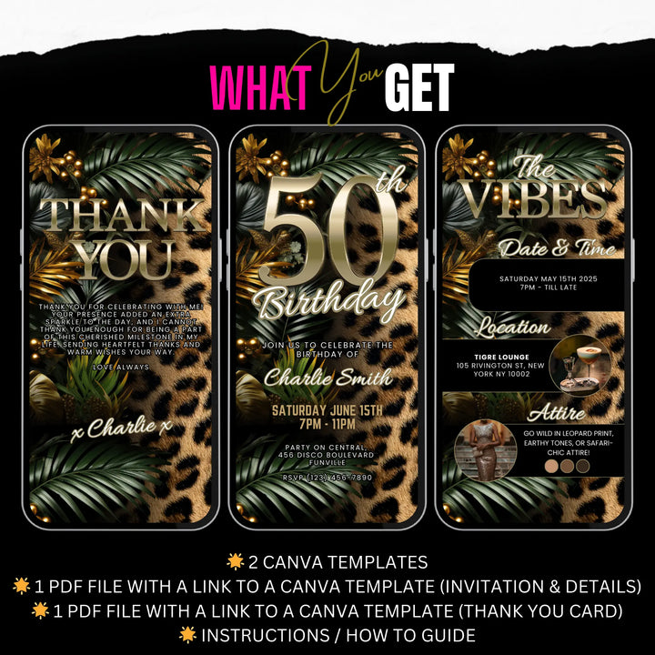 Safari Leopard Print 50th Birthday Invitation with Details and Thank You Card – Digital Party Template