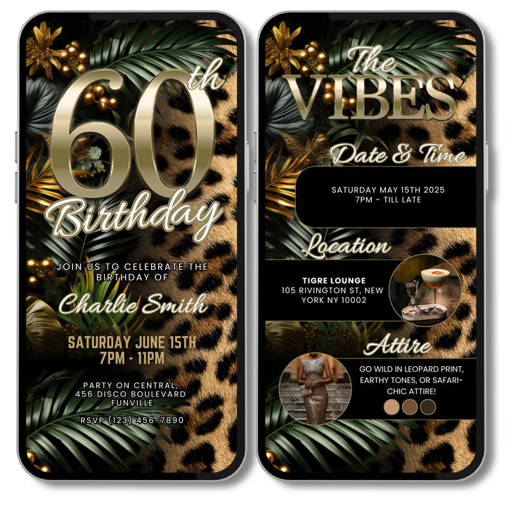 Safari Leopard Print 60th Birthday Invitation with Details – Digital Party Template