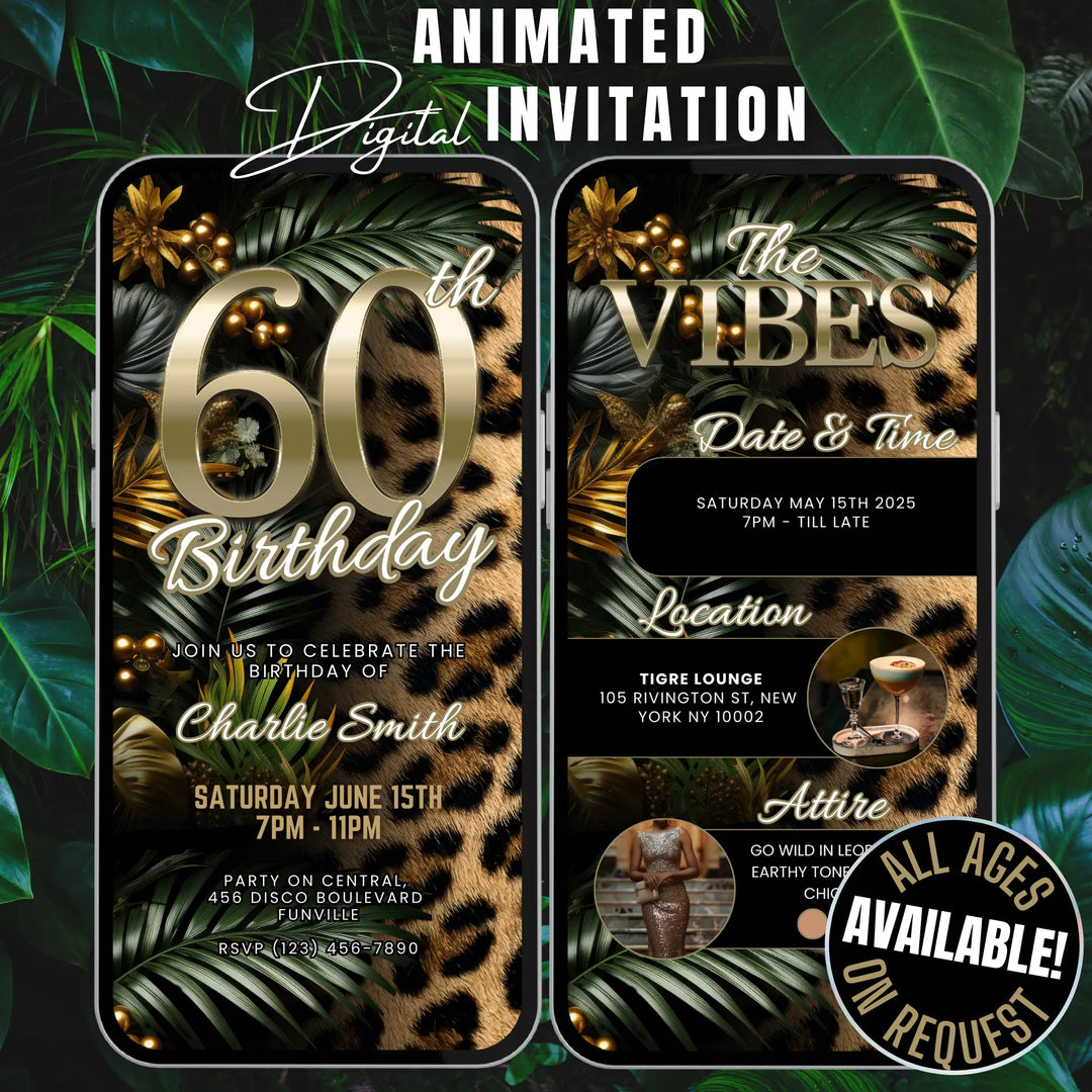 Safari Leopard Print 60th Birthday Invitation with Details – Digital Party Template