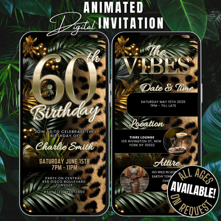 Safari Leopard Print 60th Birthday Invitation with Details – Digital Party Template