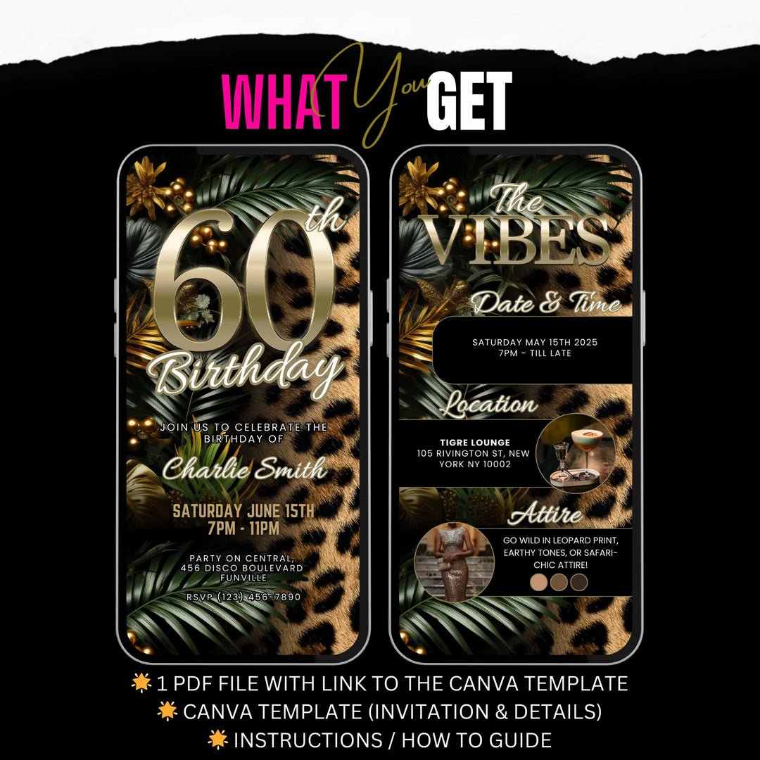 Safari Leopard Print 60th Birthday Invitation with Details – Digital Party Template