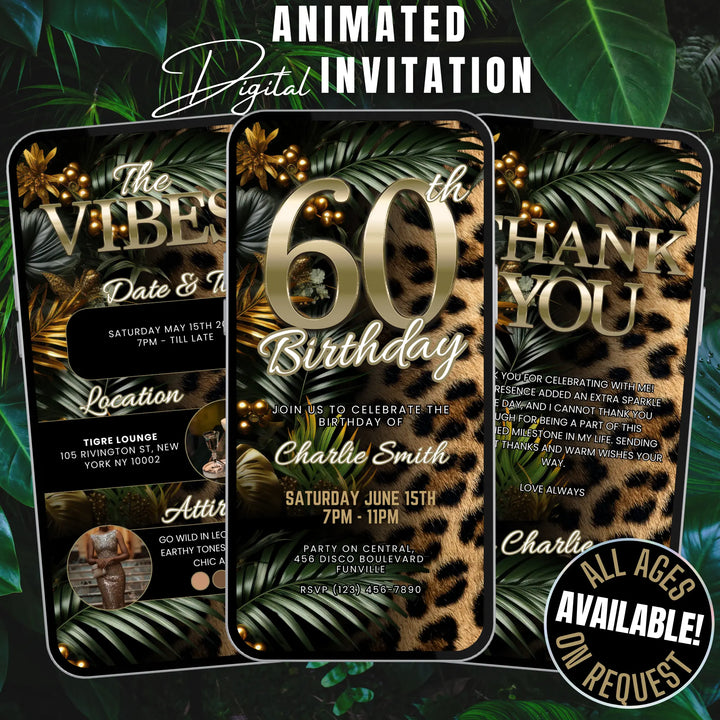 Safari Leopard Print 60th Birthday Invitation with Details and Thank You Card – Digital Party Template