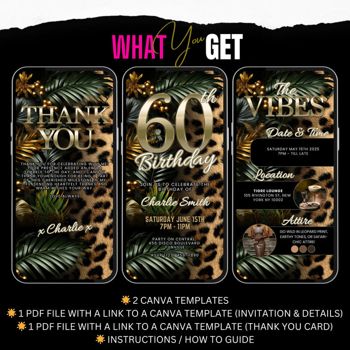 Safari Leopard Print 60th Birthday Invitation with Details and Thank You Card – Digital Party Template