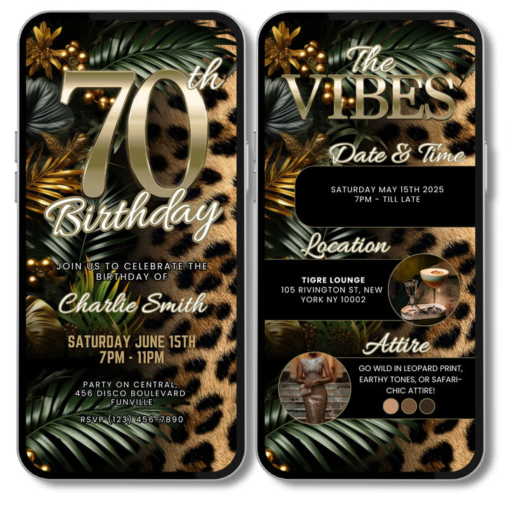 Safari Leopard Print 70th Birthday Invitation with Details – Digital Party Template