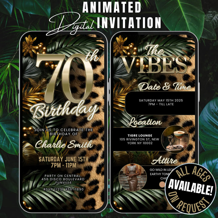 Safari Leopard Print 70th Birthday Invitation with Details – Digital Party Template