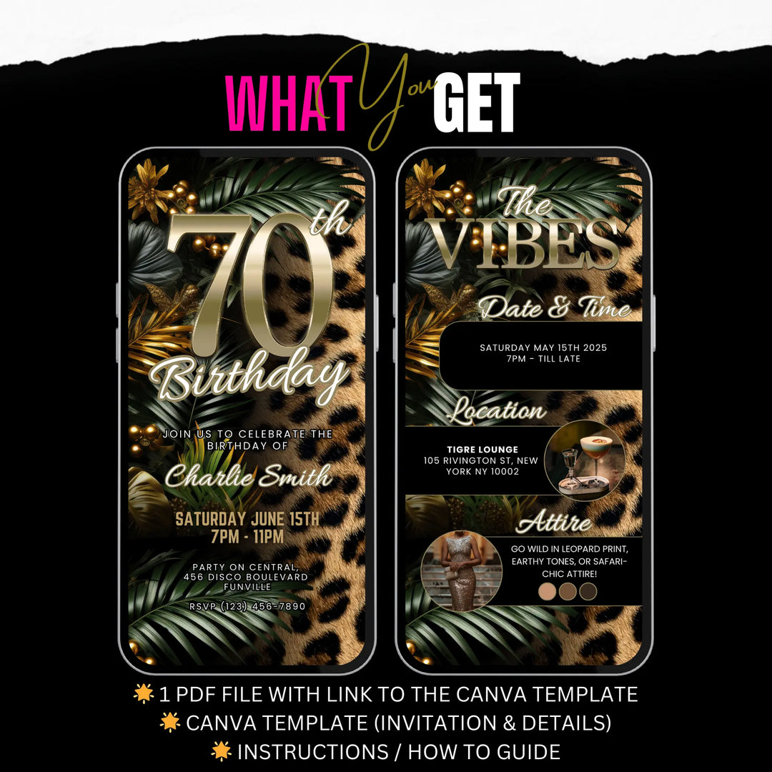 Safari Leopard Print 70th Birthday Invitation with Details – Digital Party Template