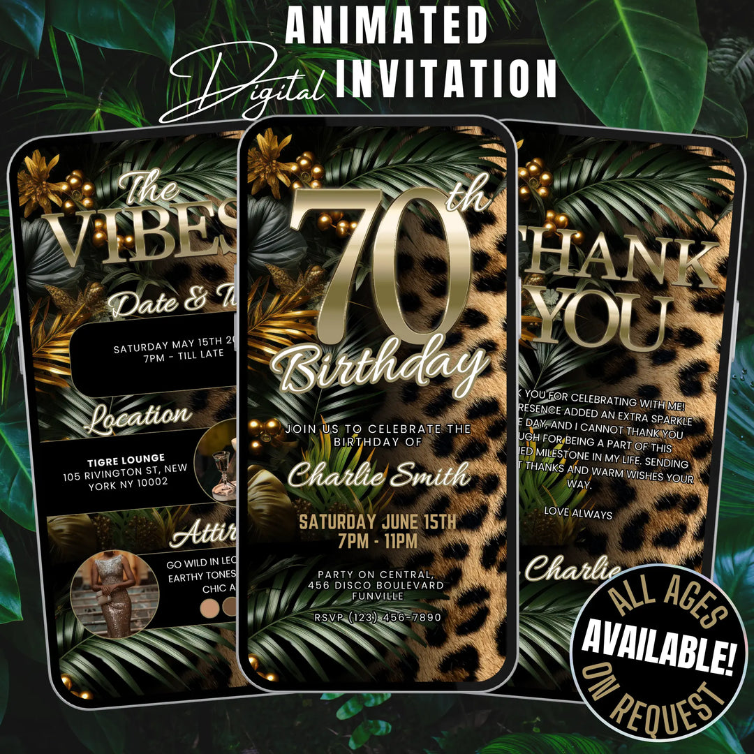 Safari Leopard Print 70th Birthday Invitation with Details and Thank You Card – Digital Party Template