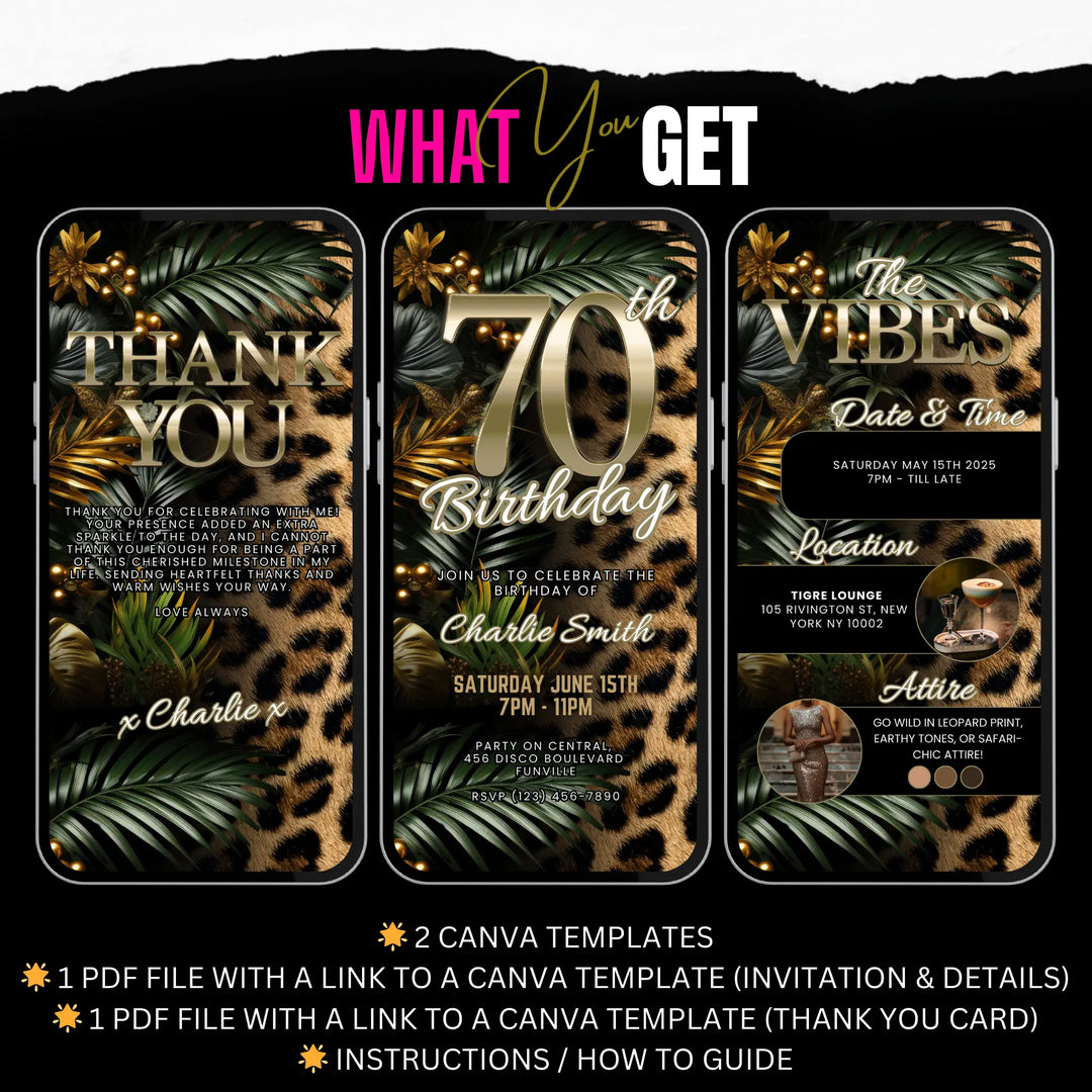 Safari Leopard Print 70th Birthday Invitation with Details and Thank You Card – Digital Party Template