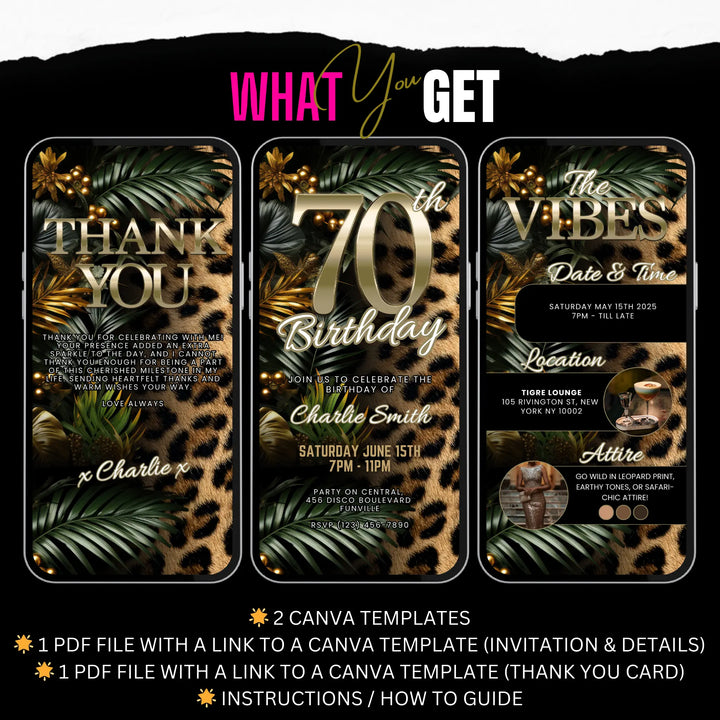 Safari Leopard Print 70th Birthday Invitation with Details and Thank You Card – Digital Party Template