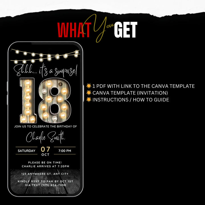 Surprise 18th Birthday Invitation – Digital Editable Canva Template