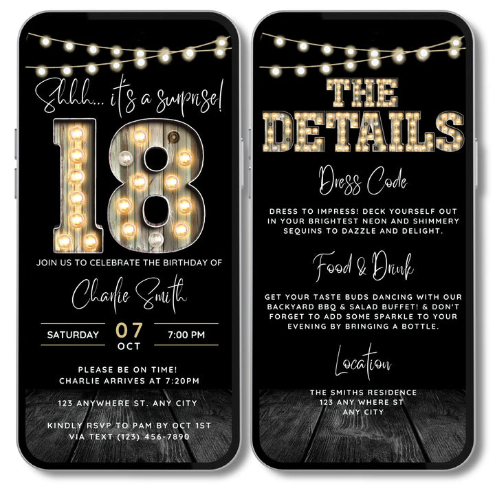 Surprise 18th Birthday Invitation with Details – Digital Editable Canva Template