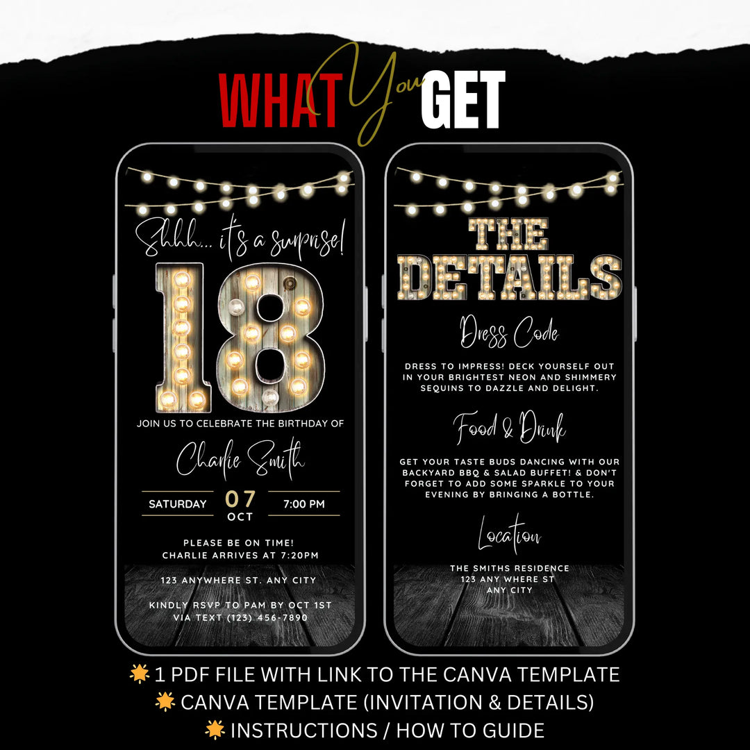 Surprise 18th Birthday Invitation with Details – Digital Editable Canva Template