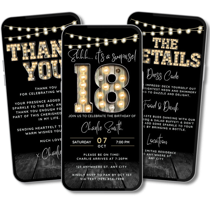 Surprise 18th Birthday Invitation with Details and Thank You Card – Digital Editable Canva Template