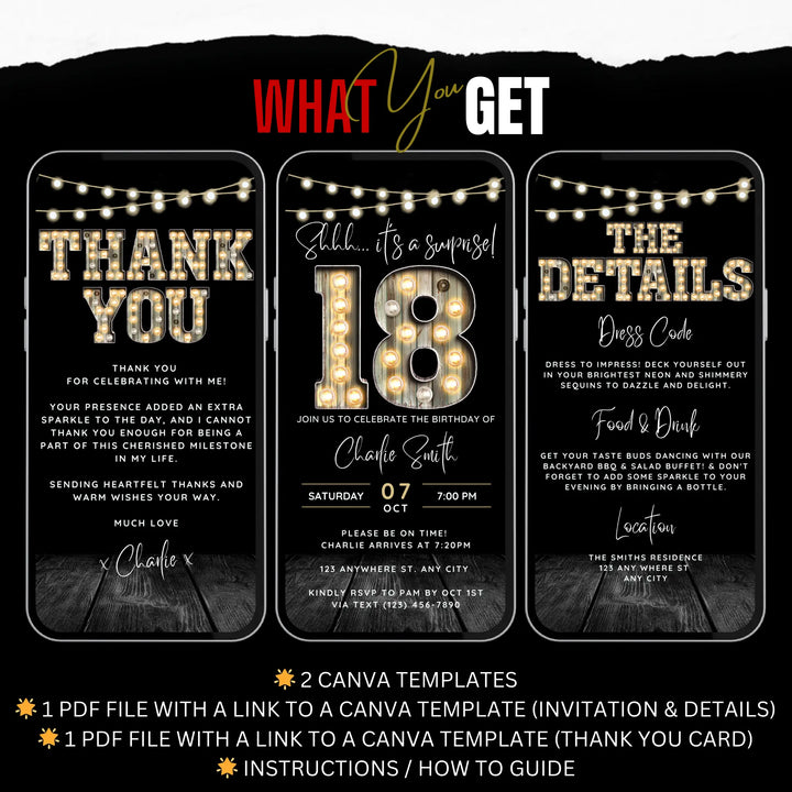 Surprise 18th Birthday Invitation with Details and Thank You Card – Digital Editable Canva Template
