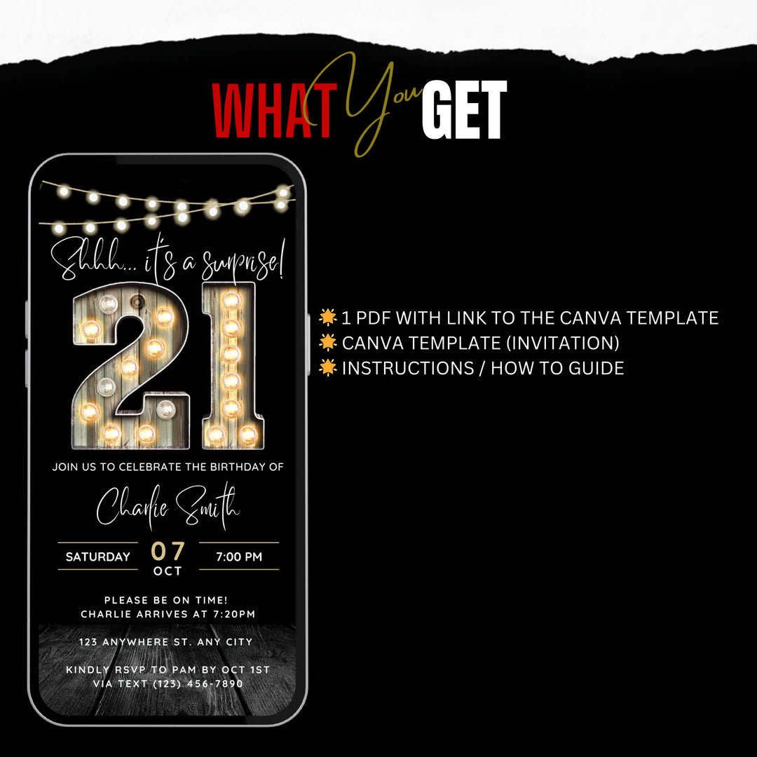 Surprise 21st Birthday Invitation – Digital Editable Canva Template