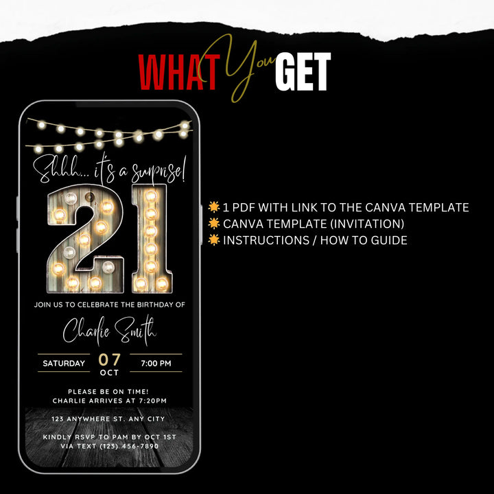 Surprise 21st Birthday Invitation – Digital Editable Canva Template